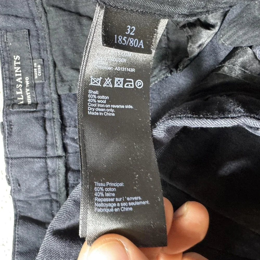 AllSaints Pants Mens 32 Black Pleated Cotton Wool Button Fly Chino Trousers Crop